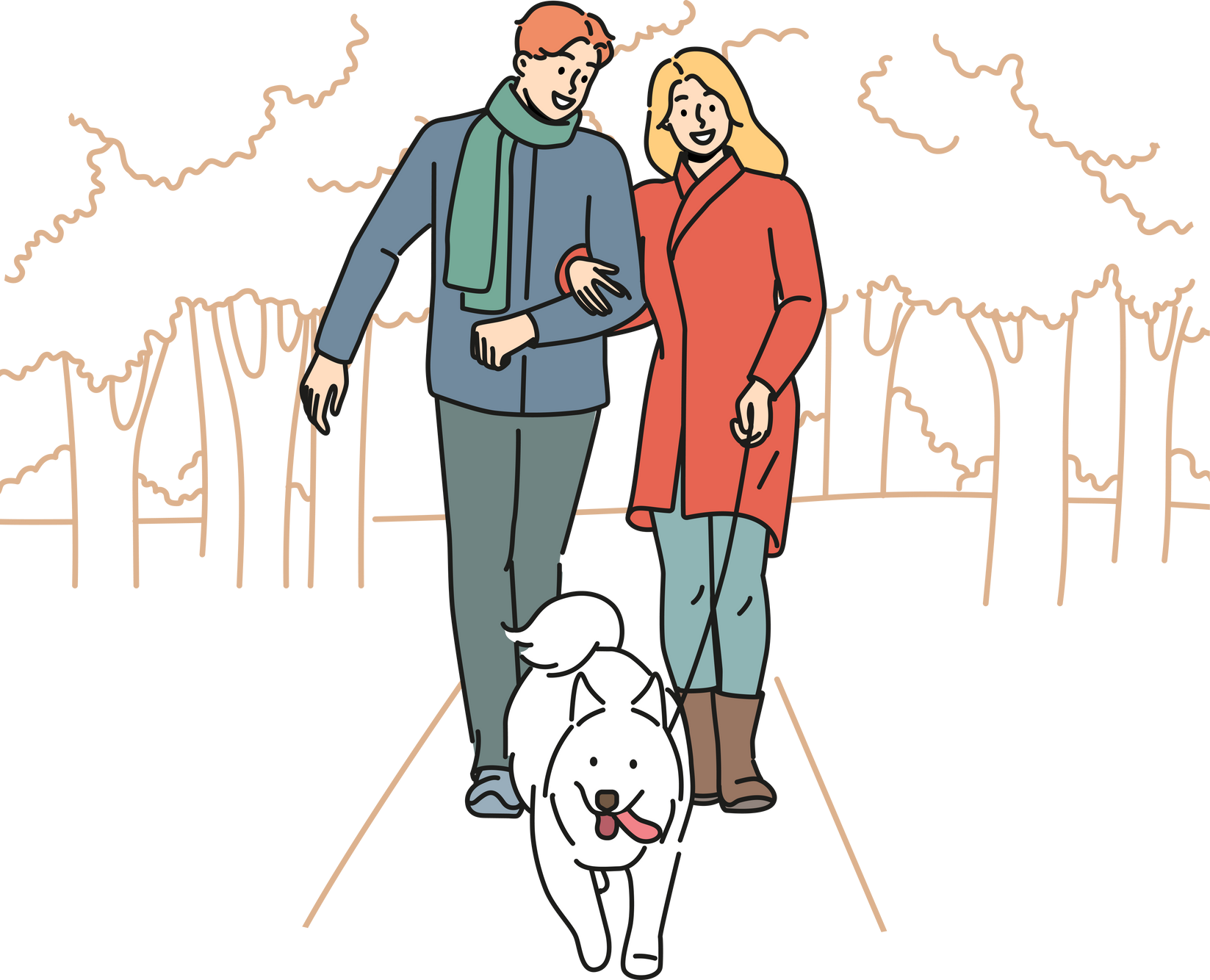 Man and woman are walking their dog together in park enjoying walk on autumn evening